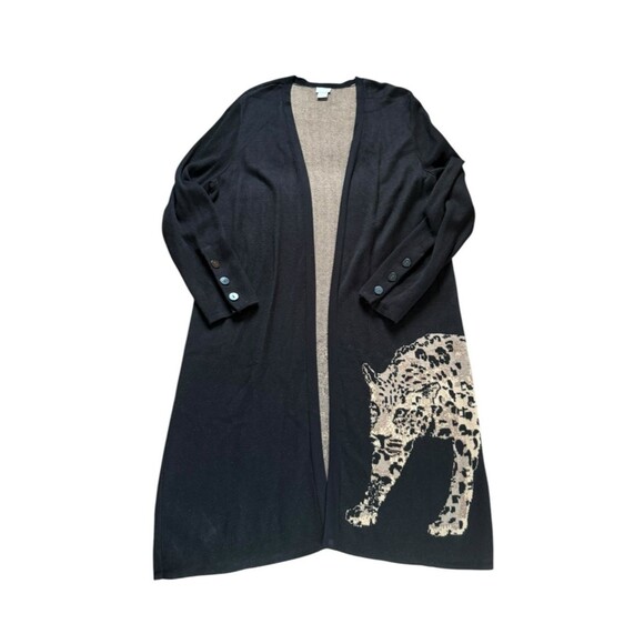 Chico's Sweaters - Chicos Long Black Open Front Sweater Duster Cardigan Leopard Motif Womens Large